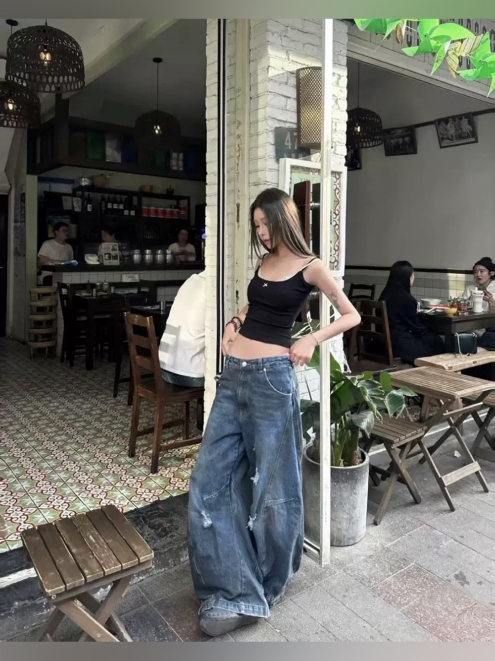 retro wide-leg curved knife jeans high waist versatile practical sickle pants‎